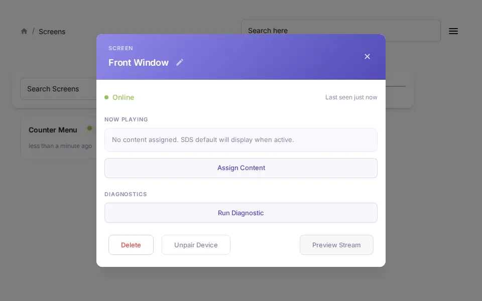 Per-screen panel — live status, now playing, and on-demand diagnostics