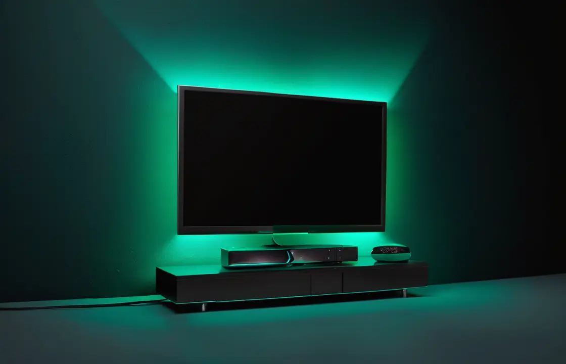 Generic TV, streaming box and small player lit by teal neon — no proprietary hardware