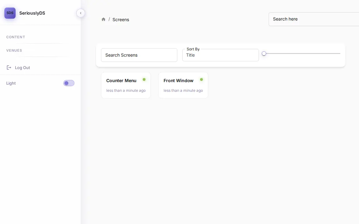 SeriouslyDS dashboard — two screens online with live last-seen times