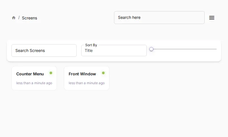 Screens status list — all green, seen less than a minute ago