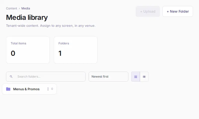 Tenant media library — folders, upload, assign to any screen
