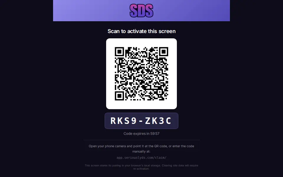 Device activation page with a QR code and short pairing code